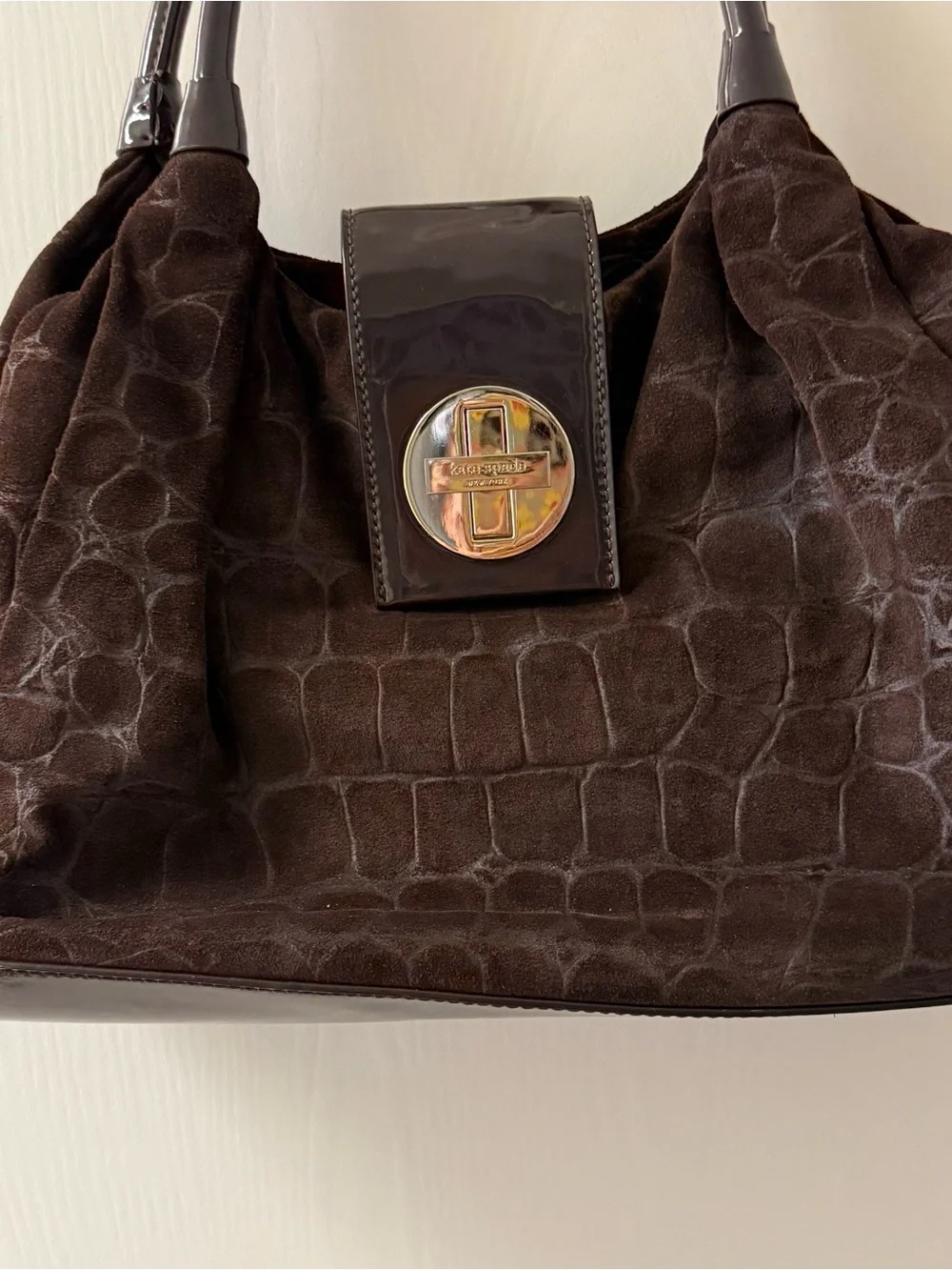 kate spade Brown Croc-Embossed Suede Satchel with Patent Trim
